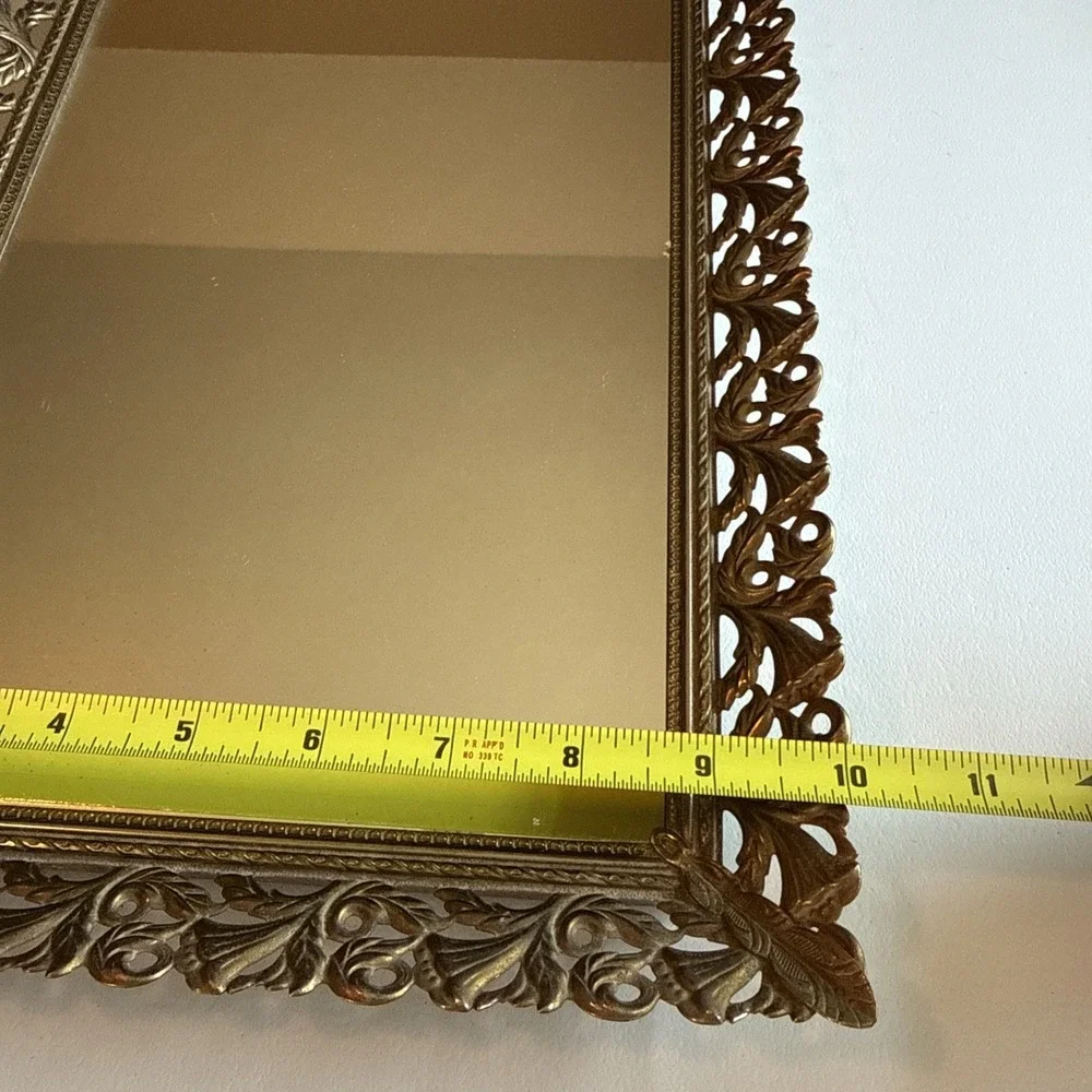 Vintage Gold Tone Filigree Hollywood Regency Vanity Mirror Tray 15x10